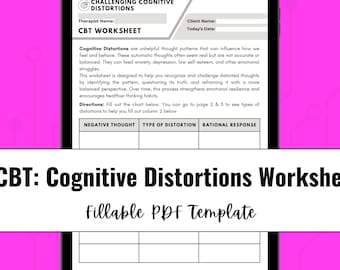 CBT Cognitive Distortions Worksheet | Thought Reframing (Editable PDF)