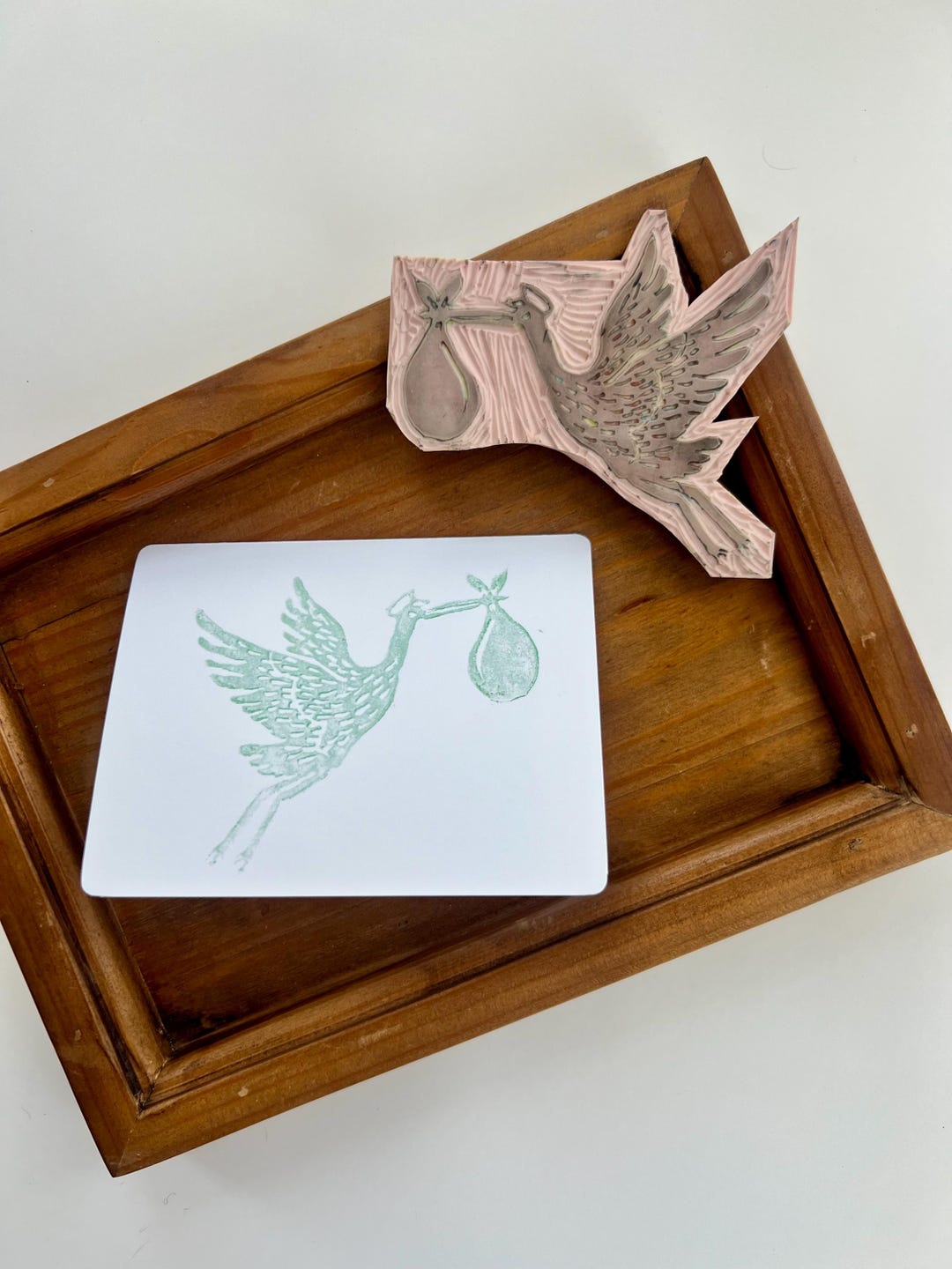 Green Baby Shower Stork Lino Block Printed Blank Card - Etsy