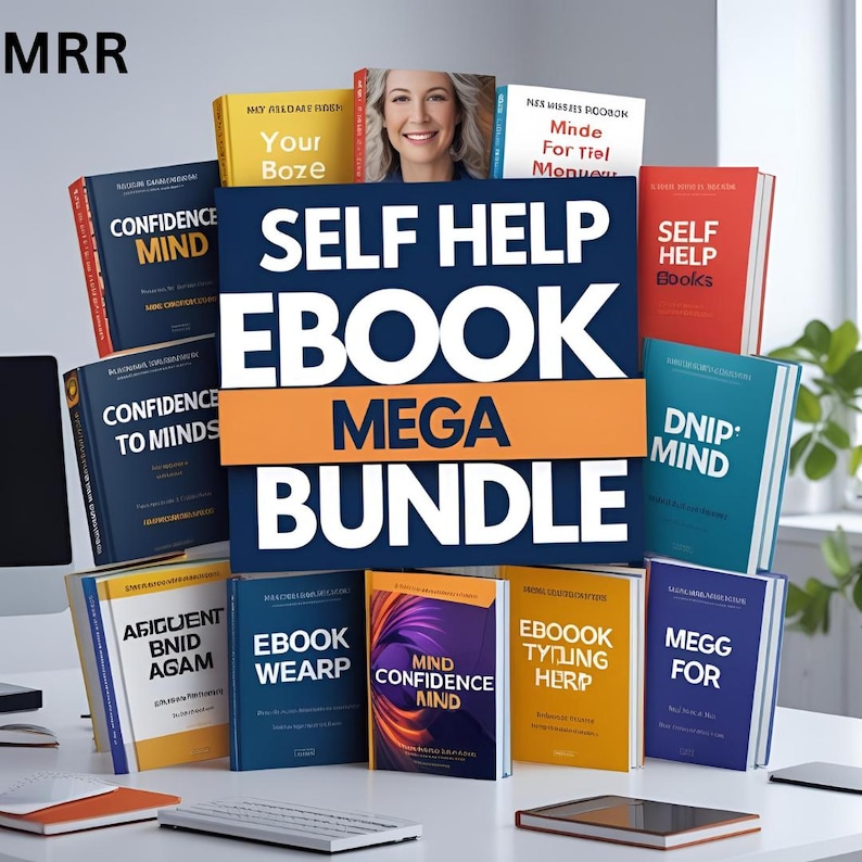 May include: A collection of self-help ebooks, with the words "SELF HELP EBOOK MEGA BUNDLE" prominently displayed. The books are in various colors, including red, blue, yellow, and orange. The image includes a woman's portrait.