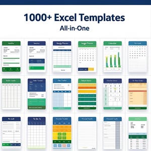 May include: A selection of Excel templates, including invoices, planners, calendars, and trackers. The image showcases various templates with different layouts and designs, each labeled with its function. The text at the top reads "1000+ Excel Templates All-in-One."