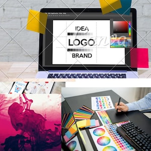 May include: A laptop displaying a design concept with the words "IDEA", "LOGO", and "BRAND". The image also shows color swatches, a digital drawing tablet, and a keyboard, suggesting graphic design or branding work. Colorful sticky notes are attached to the laptop.