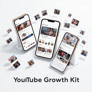 May include: Three smartphones with gold-colored frames are displayed on white stands, showcasing a social media interface. Small images of people surround the phones. The text "YouTube Growth Kit" is at the bottom.