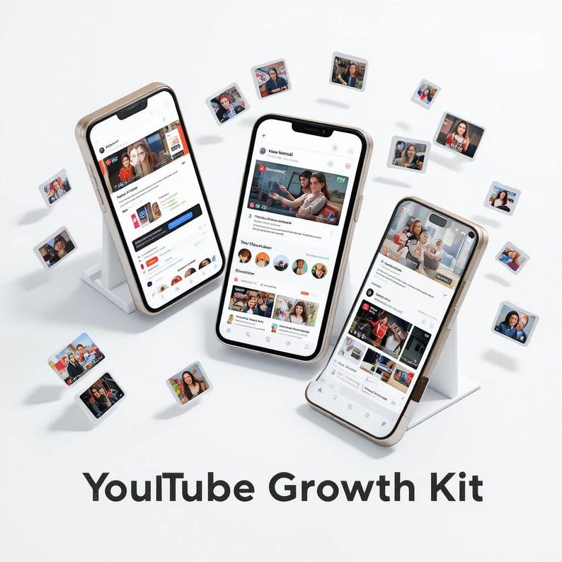 May include: Three smartphones with gold-colored frames are displayed on white stands, showcasing a social media interface. Small images of people surround the phones. The text "YouTube Growth Kit" is at the bottom.