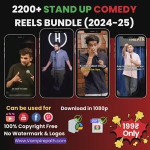May include: Four smartphones displaying stand-up comedy reels. The text on the image reads "2200+ STAND UP COMEDY REELS BUNDLE (2024-25)". Additional text includes "Can be used for", "Download in 1080p", "100% Copyright Free", and "No Watermark & Logos". The price is listed as 199₹.