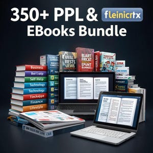 May include: An image showcasing a bundle of over 350 eBooks. The image features stacks of colorful books, two laptops displaying open eBooks, and a stack of magazines. The text "350+ PPL & eBooks Bundle" is prominently displayed.