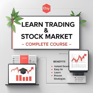 May include: Digital graphic promoting a complete course on learning trading and the stock market. The image features a large screen with the text "Learn Trading & Stock Market - Complete Course." Additional screens display stock charts and course benefits.