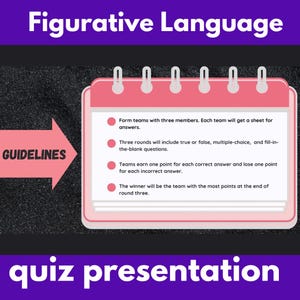 Puede incluir: Un tablero de presentación rosa con el título "Figurative Language" y la palabra "Guidelines" en una flecha rosa. El tablero incluye instrucciones del cuestionario: formar equipos, tres rondas y detalles de puntuación. La parte inferior dice "quiz presentation".