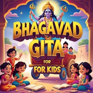 Puede incluir: Una vibrante ilustración que promociona "Bhagavad Gita para niños". La imagen presenta una figura de deidad central, niños y el título en letras doradas en negrita. La obra de arte es colorida, con un enfoque en temas religiosos hindúes y contenido educativo para niños.