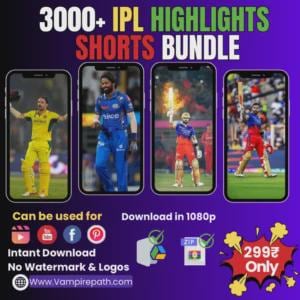 Puede incluir: Anuncio de un paquete digital de momentos destacados de cricket, que se muestra en cuatro teléfonos inteligentes. La imagen muestra jugadores de cricket e incluye el texto "3000+ IPL HIGHLIGHTS SHORTS BUNDLE", descarga instantánea y un precio de 299.