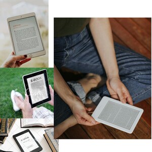 May include: Several images show people holding and using e-readers and tablets. The screens display text from books. One tablet has the word "FORWARD" on the screen. The e-readers and tablets are white and black.