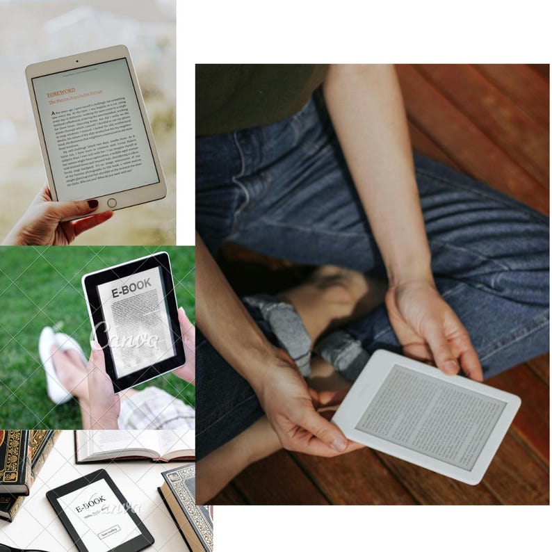 May include: Several images show people holding and using e-readers and tablets. The screens display text from books. One tablet has the word "FORWARD" on the screen. The e-readers and tablets are white and black.