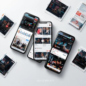 May include: A collection of smartphones and tablets displaying various app interfaces. The phones show charts, video content, and social media feeds. The tablets show similar content. The background is a plain white surface. The text "ASHIEWR.FIT" is visible.