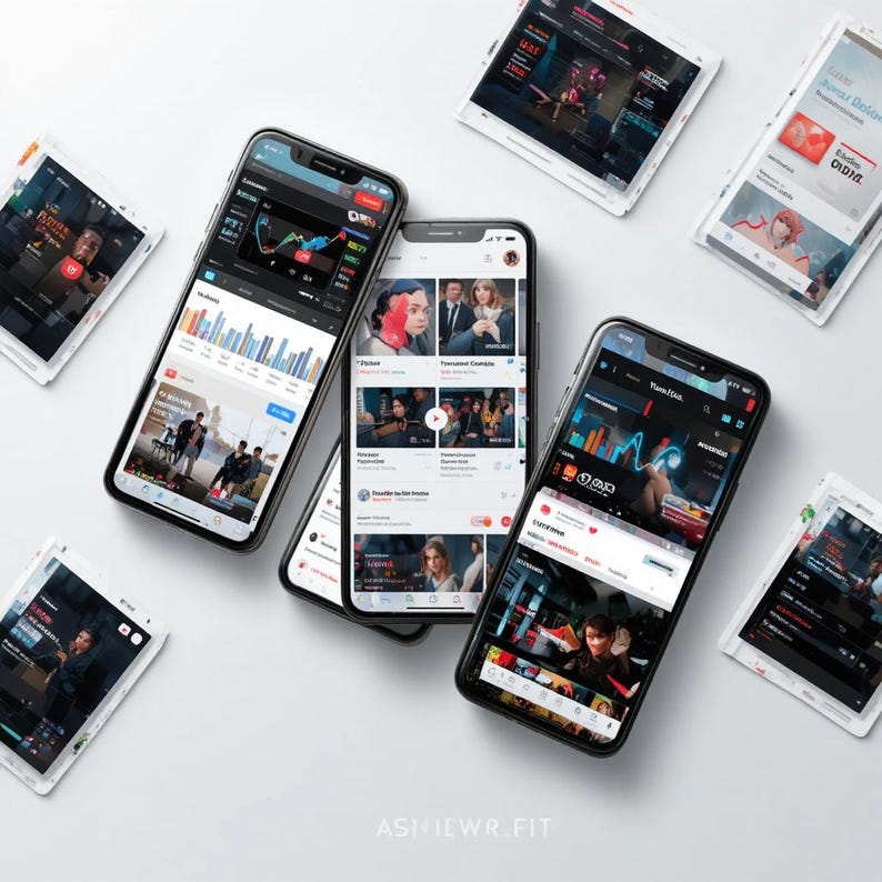 May include: A collection of smartphones and tablets displaying various app interfaces. The phones show charts, video content, and social media feeds. The tablets show similar content. The background is a plain white surface. The text "ASHIEWR.FIT" is visible.