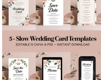 Editable Wedding Card Templates | Floral Save the Date, Menu (Instant Download)