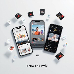 May include: Three smartphones displaying various app interfaces, surrounded by floating square cards with app logos. The phones showcase different content, including graphs, videos, and user profiles. The word "browThoewly" is at the bottom.