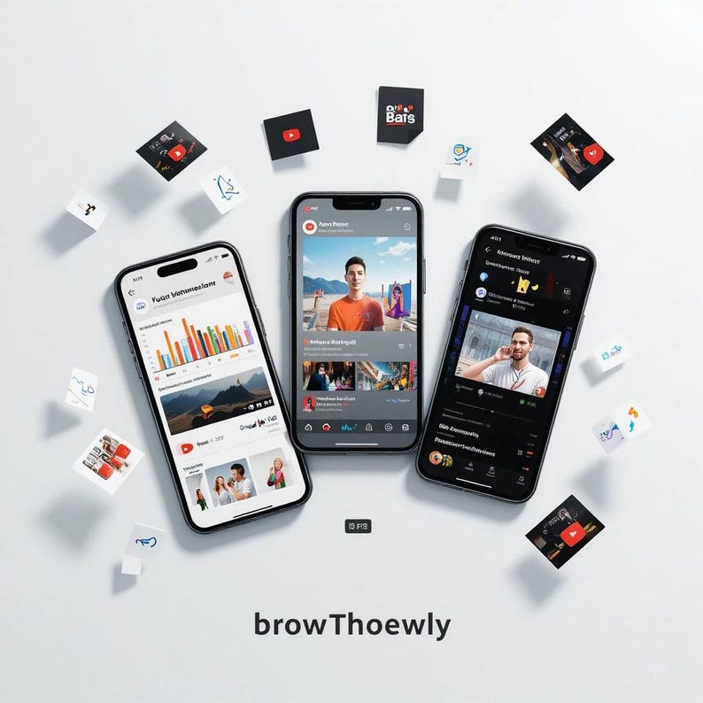 May include: Three smartphones displaying various app interfaces, surrounded by floating square cards with app logos. The phones showcase different content, including graphs, videos, and user profiles. The word "browThoewly" is at the bottom.