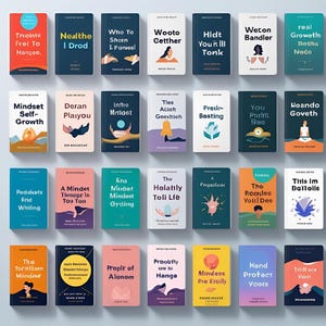 May include: A collection of colorful books with various titles and cover designs. The books are arranged neatly, showcasing a variety of themes, including self-growth, mindset, and personal development. The covers feature illustrations and text, creating a visually appealing display.