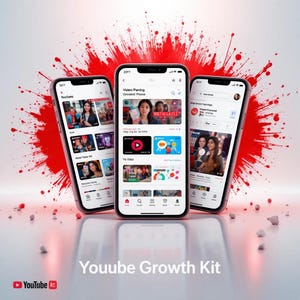 May include: Three smartphones displaying a YouTube interface, set against a red splash background. The phones showcase video content and app features. The phrase "Youube Growth Kit" is at the bottom, with the YouTube logo.