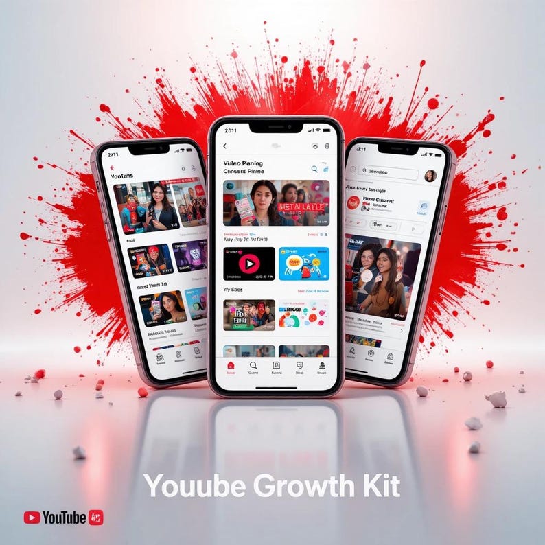 May include: Three smartphones displaying a YouTube interface, set against a red splash background. The phones showcase video content and app features. The phrase "Youube Growth Kit" is at the bottom, with the YouTube logo.
