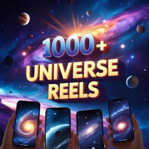 以下が含まれることがあります： 宇宙をテーマにした画像。「1000+ UNIVERSE REELS」というテキストが青と金で表示されています。4台のスマートフォンには銀河の画像が表示されています。背景には、惑星と星のある鮮やかな星雲が描かれています。
