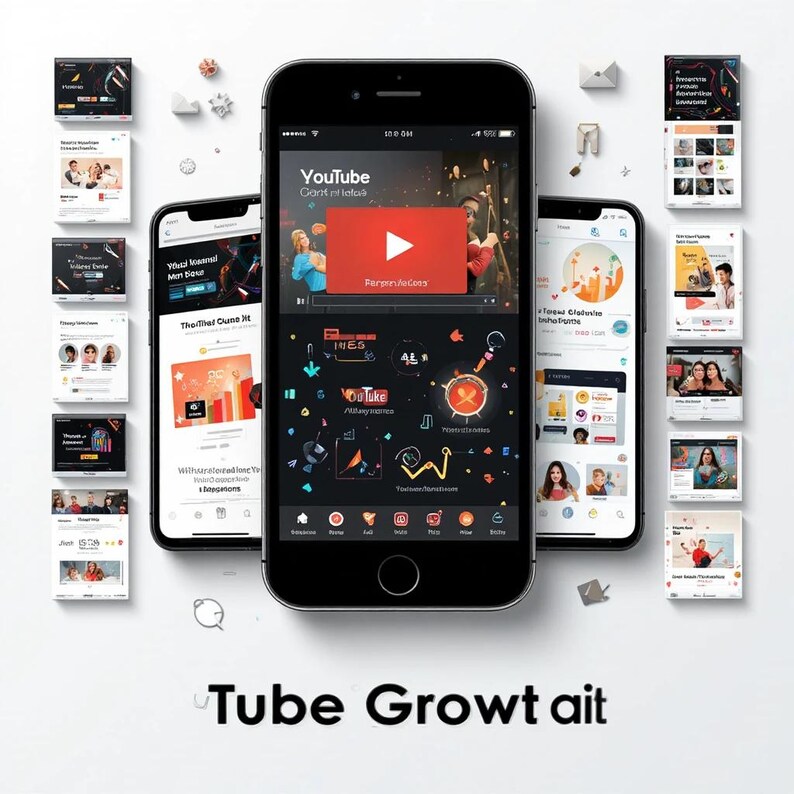 May include: Three black smartphones displaying app interfaces with the text "YouTube" and "Tube Growt ait". The central phone shows a YouTube video with a red play button. Other screens show various app features and user interfaces.