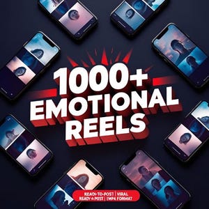 May include: A dark background with several smartphones showing video reels. The text "1000+ EMOTIONAL REELS" is in white with a red shadow. Additional text reads "READY-TO-POST VIRAL READY A POST [MP4 FORMAT]"