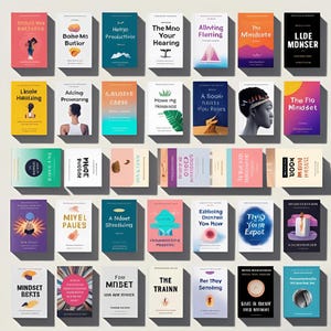 May include: A collection of hardcover books with various titles and colorful covers. The books are arranged in a grid pattern, showcasing a variety of design styles and themes. The books are rectangular and appear to be new.