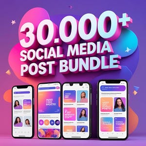 Puede incluir: Una imagen llamativa que promociona un paquete de publicaciones en redes sociales. Cuatro smartphones muestran varios diseños de publicaciones. El texto "30.000+ SOCIAL MEDIA POST BUNDLE" aparece en blanco y rosa sobre un fondo púrpura.