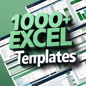 Może przedstawiać: Grafika z napisem "1000+ EXCEL Templates" w zielonych, trójwymiarowych literach. Tło przedstawia otwarte arkusze kalkulacyjne Excel z wykresami i tabelami danych, na zielonym tle.