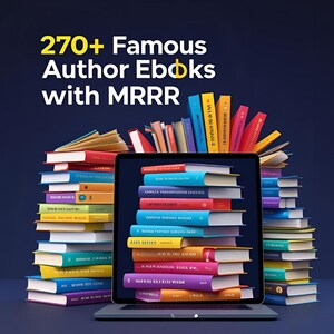 May include: A laptop screen showing a stack of ebooks, with piles of physical books around it. The image includes the text "270+ Famous Author Ebooks with MRRR". The books have covers in various colours.