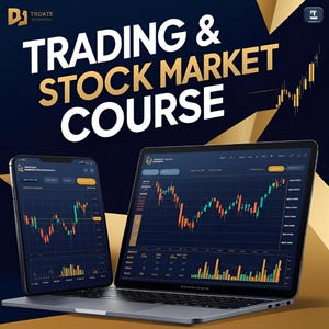 Puede incluir: Un portátil y un smartphone que muestran gráficos del mercado de valores. El portátil y el teléfono están abiertos, mostrando una interfaz de curso de trading. El texto "TRADING & STOCK MARKET COURSE" está en blanco y dorado.