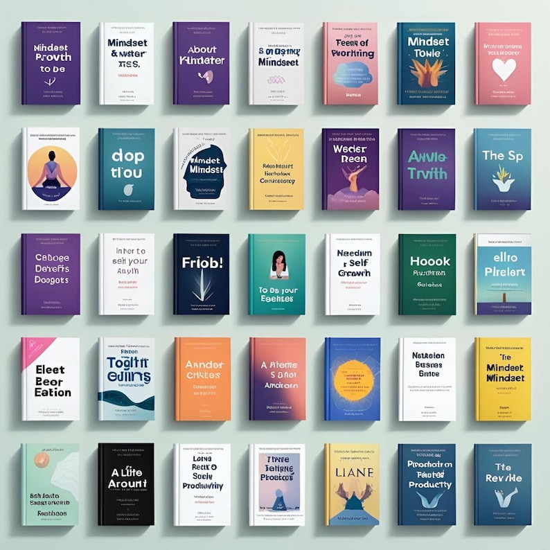 May include: A collection of colorful books with various titles, including "Mindset," "Teens of Pvorhring," and "Amdet Mindsst." The books are arranged neatly, showcasing a variety of cover designs and fonts. The books are likely related to self-help or personal development.