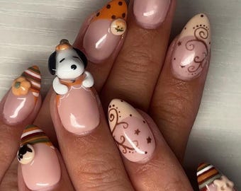 Fall Press On Nails, Snoppy nails, Cute Autumn Character Nails, 3D Pumpkin Nails, Cozy Sweater Nails, Handmade Gel Nails