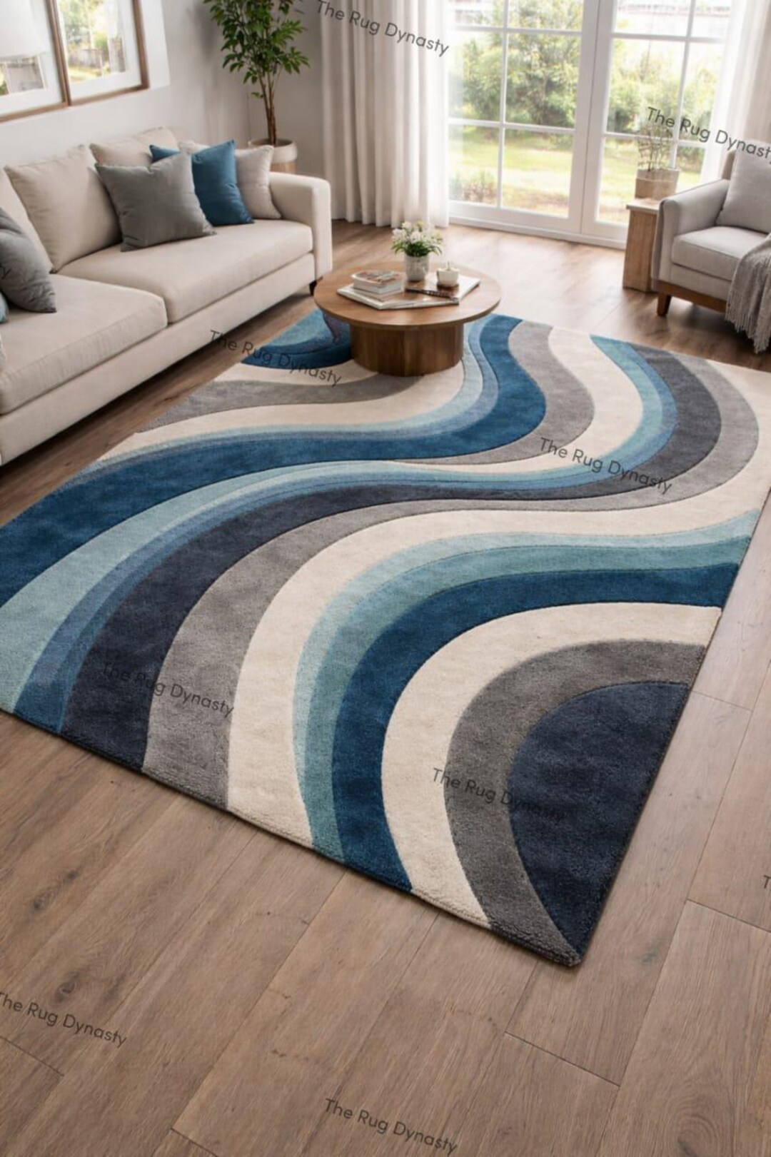 Retro Hand Tufted Wool Area Carpet Mid Century Wavy Light Blue Abstract ...