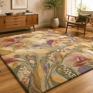 Hand Tufted Wool Rug, Botanical Floral Art Nouveau Carpet, Sage Green Living Room Bedroom
