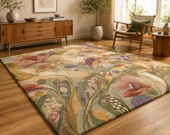 Hand Tufted Wool Rug, Botanical Floral Art Nouveau Carpet, Sage Green Living Room Bedroom
