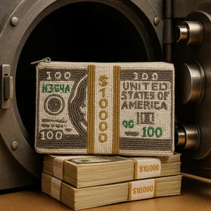 Puede incluir: Un monedero de cuentas diseñado para parecerse a un billete de 100 $, con el texto "$10000" y "United States of America". El monedero está colocado dentro de una caja fuerte abierta, con dos pilas de billetes de 9.100 € delante.