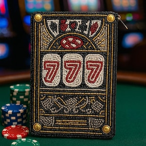 May include: Black beaded wallet with a slot machine design featuring the number 777. The wallet has gold accents and a zipper closure. Casino chips in red, green, and blue are in the foreground, with slot machines in the background.