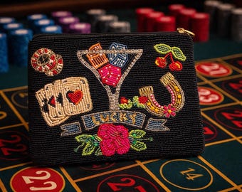 XXL Lucky Charm Beaded Clutch Purse – Casino Themed Bag with Poker Cards, Martini, Horseshoe, & Cherries–Vegas Girl Night Out Zipper Pouch
