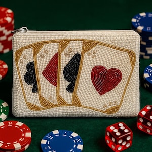 XXL JACKPOT STYLE! Beaded Coin Purse w/ Poker Cards – Handmade Zipper Clutch, Casino Night Bag, Vegas Gift, Playing Card Pouch, Gambler Gift
