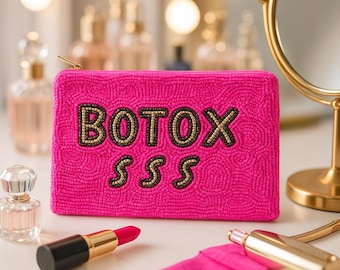 XXL Hot Pink Botox Money Beaded Clutch – Funny Girls Night Out Bag – Handmade Makeup Pouch – Bachelorette or Vanity Gift for Her