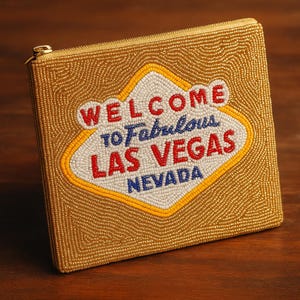 Las Vegas Beaded Clutch – Handmade Gold Purse with Welcome LV Sign Design • Glittery Vegas Girl Gift • Casino Night Bag • Snowgirl Glam Bag