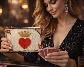 Queen of Hearts Beaded Clutch, Handmade Playing Card Seed Bead Purse, Casino Night Bag, Vegas Batchlorette Gift, Gamblers Queen Heart Wrist