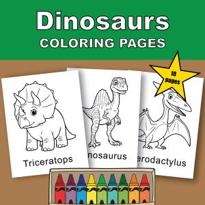May include: A set of dinosaur coloring pages with the text "Dinosaurs Coloring Pages". The pages feature line drawings of a Triceratops, Spinosaurus, and Pterodactyl. A box of crayons is at the bottom. The star indicates 10 pages.