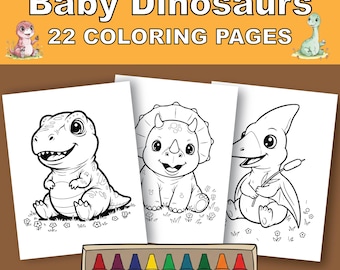 22 páginas para colorir de bebês dinossauros para imprimir, atividades para crianças pequenas em idade pré-escolar, livro de colorir fofo de dinossauros, lembrancinhas de festa, download instantâneo em PDF para impressão