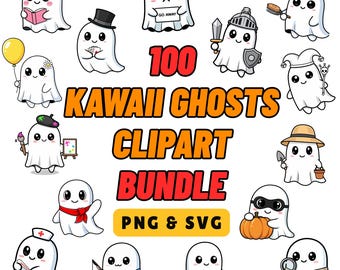 Kawaii Ghost SVG PNG Bundle Cute and Spooky Halloween Clipart Cute Halloween Ghost Pumpkin SVG Ghost Clipart Kawaii Halloween Clipart Set