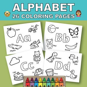 Puede incluir: Un conjunto de 26 páginas para colorear del alfabeto. Cada página muestra una letra con una imagen asociada, como una manzana para la 'A' y un oso para la 'B'. Una caja de lápices de colores se encuentra en la parte inferior.