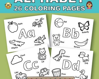 May include: A set of 26 coloring pages featuring the alphabet. Each page displays a letter with an associated image, such as an apple for 'A' and a bear for 'B'. A box of crayons is at the bottom.