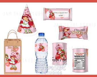 Strawberry Shortcake Party Label Templates: Chip Bag, Water Bottle (Canva Pro, Digital Download)
