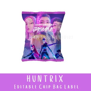 Sjabloon Huntrix-chipzakje (Canva Pro) | KPop Demon Hunters-feestgunst | Paarse neon-tas met digitale chip | Verjaardagslabel Mira Rumi Zoey